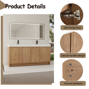 English Elm 72 Inch Freestanding Double Sink Bathroom Vanity Oak Finish Soft Close Plywood Cabinet W999S00571