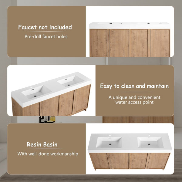 English Elm 72 Inch Freestanding Double Sink Bathroom Vanity Oak Finish Soft Close Plywood Cabinet W999S00571