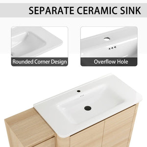 English Elm 48 Inch Freestanding Oak Bathroom Vanity with Ceramic Sink and Soft Close Storage Cabinet W999S00572