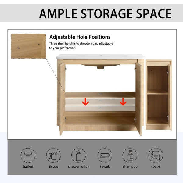 English Elm 52 Inch Freestanding Bathroom Vanity White Oak Plywood Cabinet with Ceramic Sink W999S00573