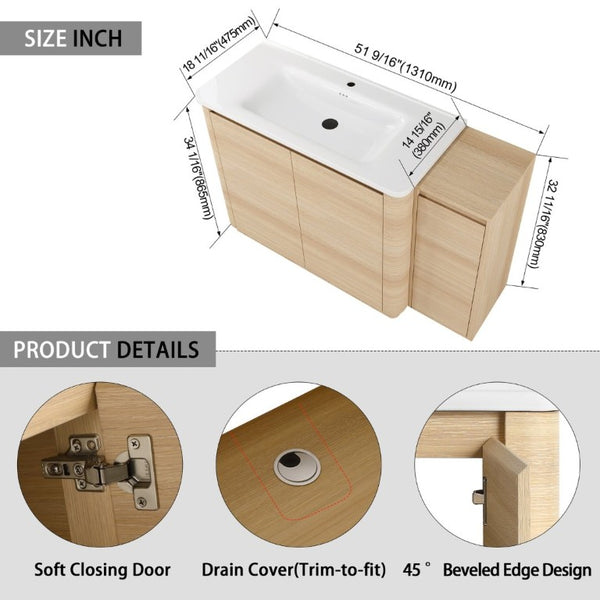 English Elm 52 Inch Freestanding Bathroom Vanity White Oak Plywood Cabinet with Ceramic Sink W999S00573