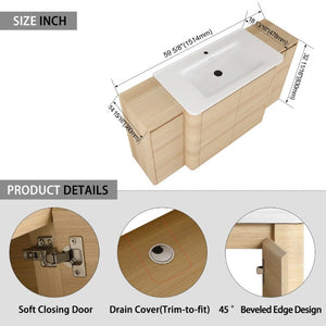 English Elm 60 Inch Freestanding Bathroom Vanity American Oak Plywood with Ceramic Sink Soft Close W999S00574