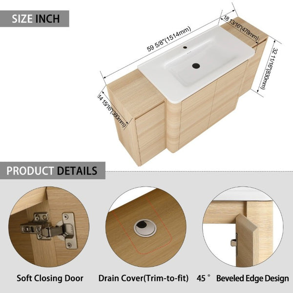 English Elm 60 Inch Freestanding Bathroom Vanity American Oak Plywood with Ceramic Sink Soft Close W999S00574