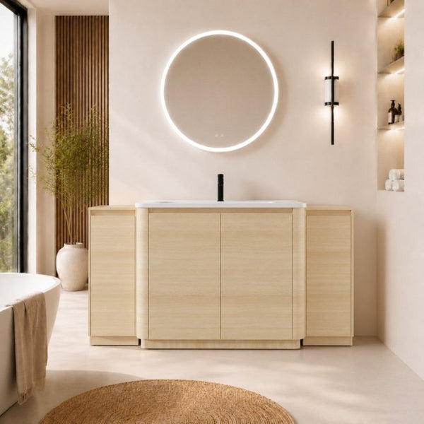 English Elm 64 Inch Freestanding Bathroom Vanity American Oak Plywood with Ceramic Sink Storage W999S00575