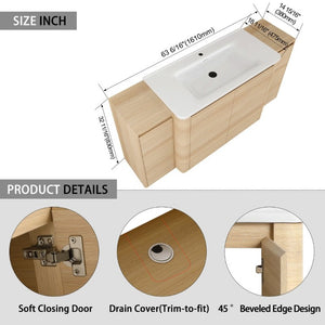 English Elm 64 Inch Freestanding Bathroom Vanity American Oak Plywood with Ceramic Sink Storage W999S00575