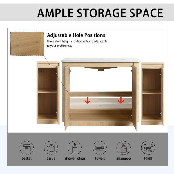 English Elm 64 Inch Freestanding Bathroom Vanity American Oak Plywood with Ceramic Sink Storage W999S00575