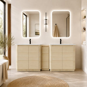 English Elm 84 Inch Freestanding Double Sink Bathroom Vanity in American Oak with Soft Close Doors W999S00576
