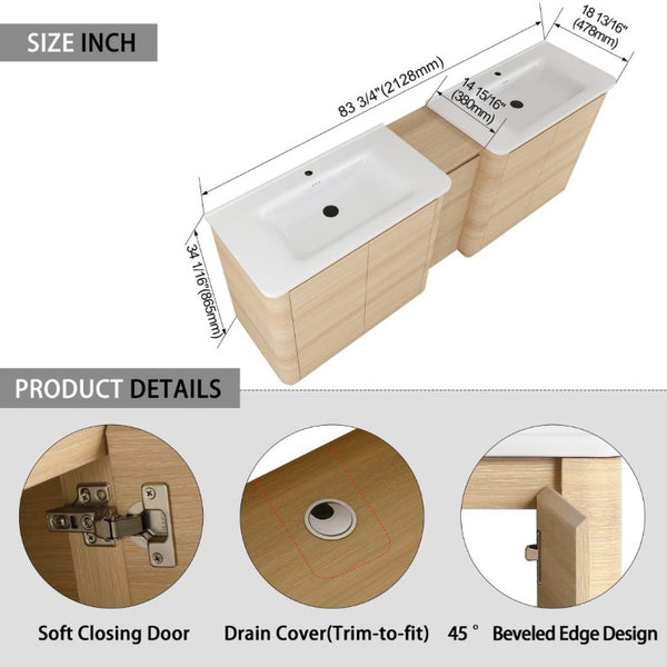 English Elm 84 Inch Freestanding Double Sink Bathroom Vanity in American Oak with Soft Close Doors W999S00576