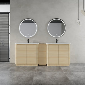 English Elm 84 Inch Freestanding Double Sink Bathroom Vanity in American Oak with Soft Close Doors W999S00576