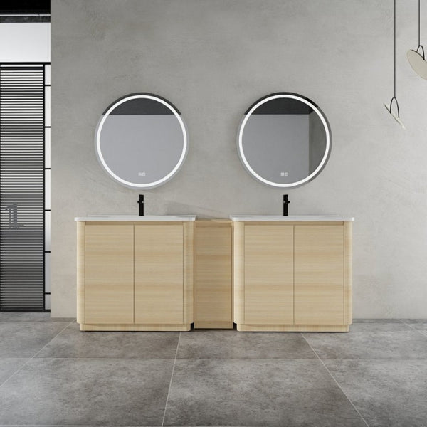English Elm 84 Inch Freestanding Double Sink Bathroom Vanity in American Oak with Soft Close Doors W999S00576