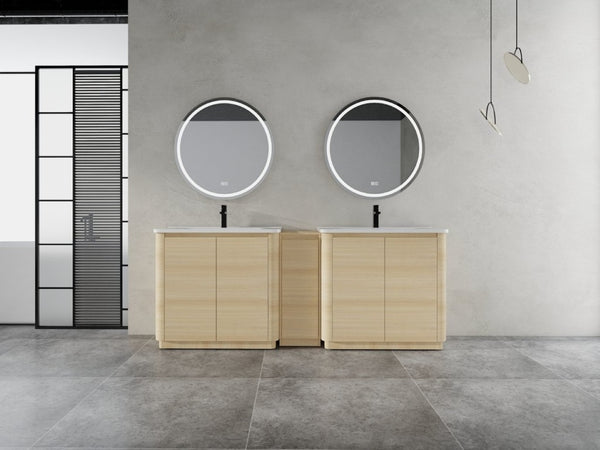 English Elm 84 Inch Freestanding Double Sink Bathroom Vanity in American Oak with Soft Close Doors W999S00576