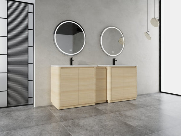 English Elm 84 Inch Freestanding Double Sink Bathroom Vanity in American Oak with Soft Close Doors W999S00576