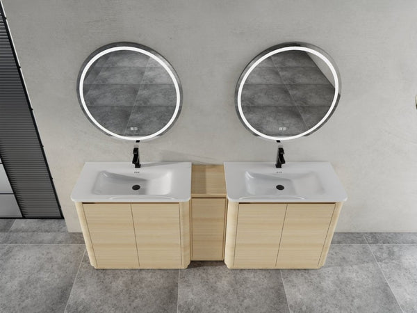 English Elm 84 Inch Freestanding Double Sink Bathroom Vanity in American Oak with Soft Close Doors W999S00576