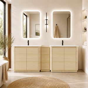 English Elm 92 Inch Freestanding Double Bathroom Vanity Oak Melamine with Ceramic Sinks Soft Close W999S00577