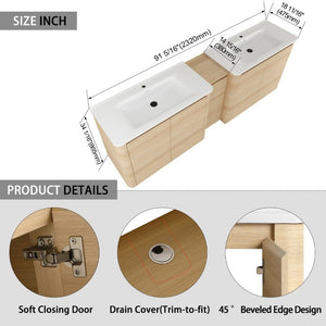 English Elm 92 Inch Freestanding Double Bathroom Vanity Oak Melamine with Ceramic Sinks Soft Close W999S00577