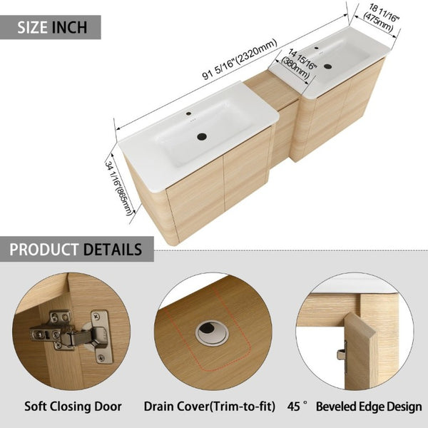 English Elm 92 Inch Freestanding Double Bathroom Vanity Oak Melamine with Ceramic Sinks Soft Close W999S00577