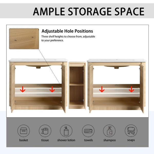 English Elm 92 Inch Freestanding Double Bathroom Vanity Oak Melamine with Ceramic Sinks Soft Close W999S00577