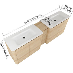 English Elm 92 Inch Freestanding Double Bathroom Vanity Oak Melamine with Ceramic Sinks Soft Close W999S00577
