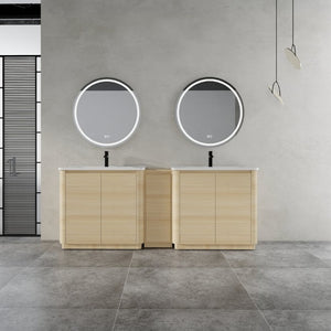 English Elm 92 Inch Freestanding Double Bathroom Vanity Oak Melamine with Ceramic Sinks Soft Close W999S00577
