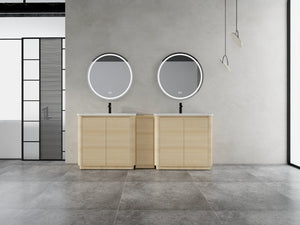 English Elm 92 Inch Freestanding Double Bathroom Vanity Oak Melamine with Ceramic Sinks Soft Close W999S00577