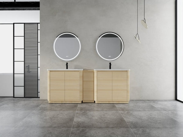 English Elm 92 Inch Freestanding Double Bathroom Vanity Oak Melamine with Ceramic Sinks Soft Close W999S00577