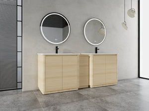 English Elm 92 Inch Freestanding Double Bathroom Vanity Oak Melamine with Ceramic Sinks Soft Close W999S00577