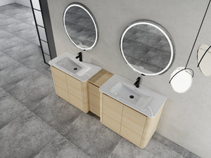 English Elm 92 Inch Freestanding Double Bathroom Vanity Oak Melamine with Ceramic Sinks Soft Close W999S00577
