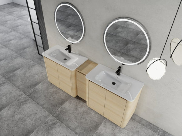 English Elm 92 Inch Freestanding Double Bathroom Vanity Oak Melamine with Ceramic Sinks Soft Close W999S00577