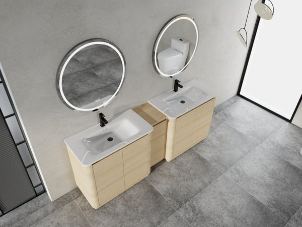 English Elm 92 Inch Freestanding Double Bathroom Vanity Oak Melamine with Ceramic Sinks Soft Close W999S00577