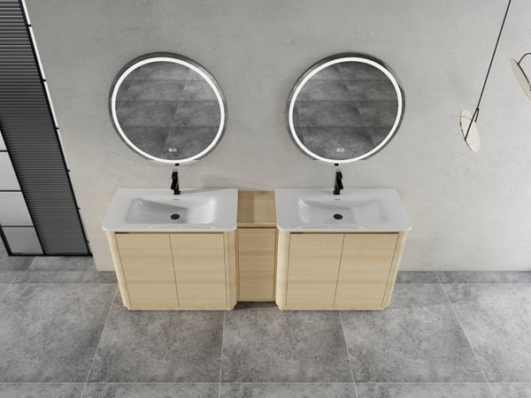 English Elm 92 Inch Freestanding Double Bathroom Vanity Oak Melamine with Ceramic Sinks Soft Close W999S00577
