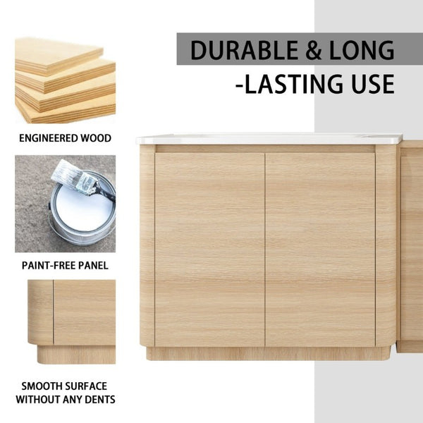 English Elm 92 Inch Freestanding Double Bathroom Vanity Oak Melamine with Ceramic Sinks Soft Close W999S00577