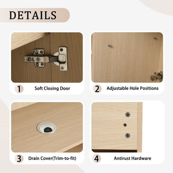 English Elm 42 Inch Freestanding Bathroom Vanity with Integrated Resin Sink Plywood Build Dune Oak W999S00578
