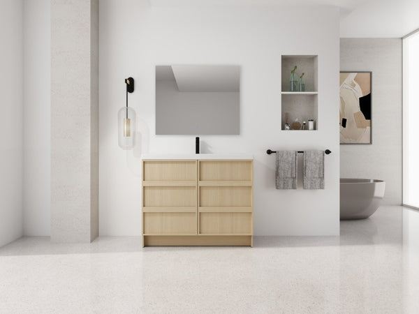English Elm 42 Inch Freestanding Bathroom Vanity with Integrated Resin Sink Plywood Build Dune Oak W999S00578