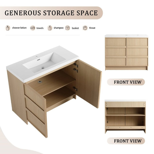 English Elm 42 Inch Freestanding Bathroom Vanity with Integrated Resin Sink Plywood Build Dune Oak W999S00578