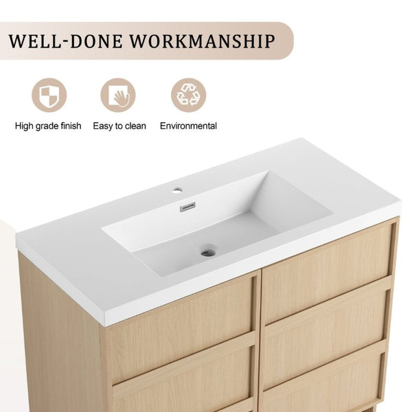 English Elm 42 Inch Freestanding Bathroom Vanity with Integrated Resin Sink Plywood Build Dune Oak W999S00578