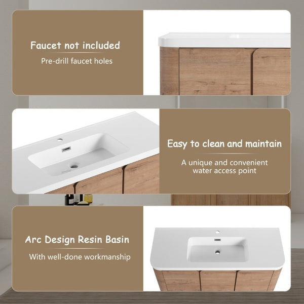 English Elm 48 Inch Freestanding Bathroom Vanity with Resin Sink Soft Close Oak Plywood Cabinet W999S00579