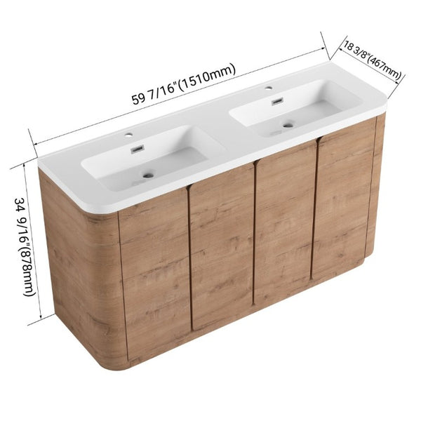 English Elm 60 Inch Freestanding Bathroom Vanity Oak Finish Plywood Cabinet with Resin Sink W999S00580