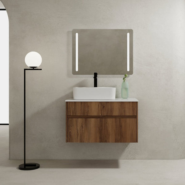 English Elm 32(31-1/2 Inch Wall Mounted Vanity Plywood Cabinet Ceramic Sink Soft Close Storage W999S00581