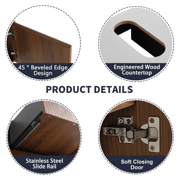 English Elm 32(31-1/2 Inch Wall Mounted Vanity Plywood Cabinet Ceramic Sink Soft Close Storage W999S00581