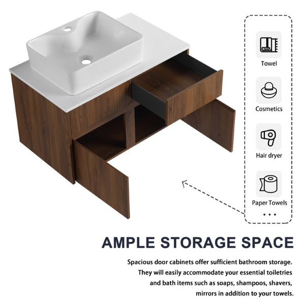 English Elm 32(31-1/2 Inch Wall Mounted Vanity Plywood Cabinet Ceramic Sink Soft Close Storage W999S00581
