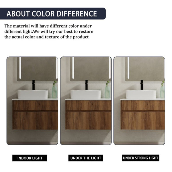 English Elm 32(31-1/2 Inch Wall Mounted Vanity Plywood Cabinet Ceramic Sink Soft Close Storage W999S00581