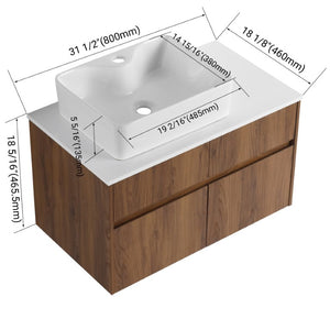 English Elm 32(31-1/2 Inch Wall Mounted Vanity Plywood Cabinet Ceramic Sink Soft Close Storage W999S00581