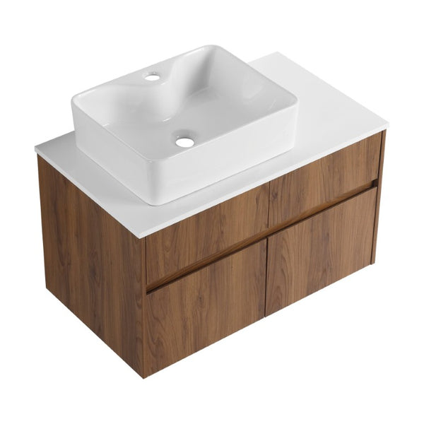 English Elm 32(31-1/2 Inch Wall Mounted Vanity Plywood Cabinet Ceramic Sink Soft Close Storage W999S00581