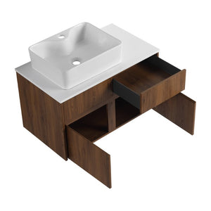 English Elm 32(31-1/2 Inch Wall Mounted Vanity Plywood Cabinet Ceramic Sink Soft Close Storage W999S00581