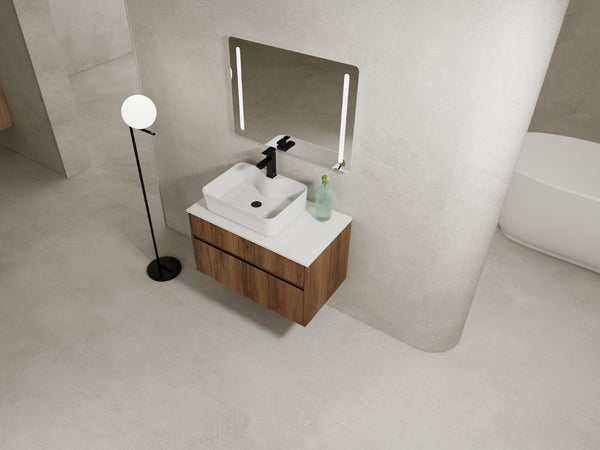 English Elm 32(31-1/2 Inch Wall Mounted Vanity Plywood Cabinet Ceramic Sink Soft Close Storage W999S00581