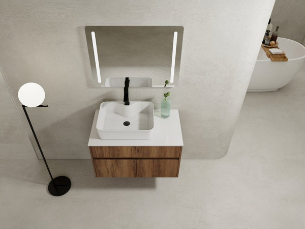 English Elm 32(31-1/2 Inch Wall Mounted Vanity Plywood Cabinet Ceramic Sink Soft Close Storage W999S00581