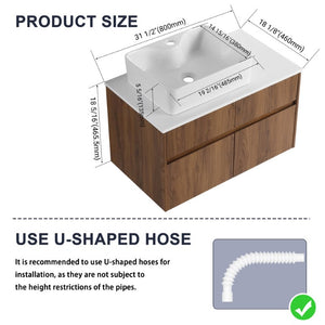 English Elm 32(31-1/2 Inch Wall Mounted Vanity Plywood Cabinet Ceramic Sink Soft Close Storage W999S00581
