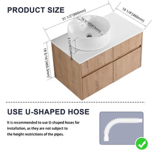 English Elm 32(31-1/2) Inch Wall Mounted Bathroom Vanity Plywood Cabinet with Ceramic Art Sink 32 inches Plywood W999S00584