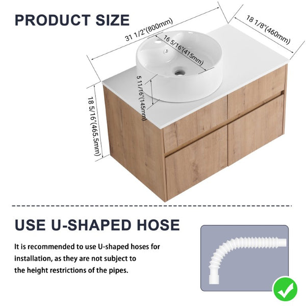 English Elm 32(31-1/2) Inch Wall Mounted Bathroom Vanity Plywood Cabinet with Ceramic Art Sink 32 inches Plywood W999S00584