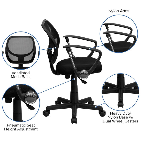 English Elm Neri Low Back Mesh Swivel Task Office Chair with Ergonomic Support for Comfort in Small Spaces Black WA-3074-BK-A-GG